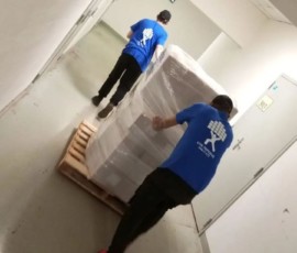 Двое сотрудников перемещают упакованный груз на палете по коридору здания.